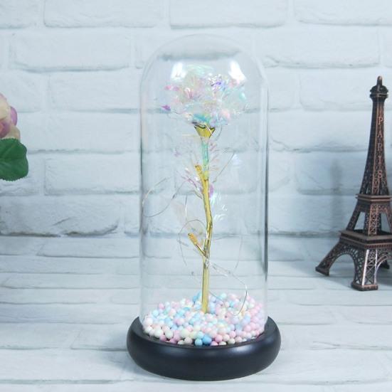 Rose Lamp Romantic Glass Dome Simulated Plastic Colorful LED Artificial Flower Decor for Valentine's Day