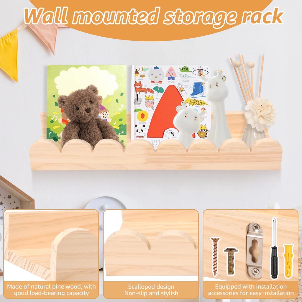 3/4Pcs Scalloped Wood Wall Storage Shelf Strong Load Bearing Wooden Floating Wall Shelf With Hook Decorative Display Shelf