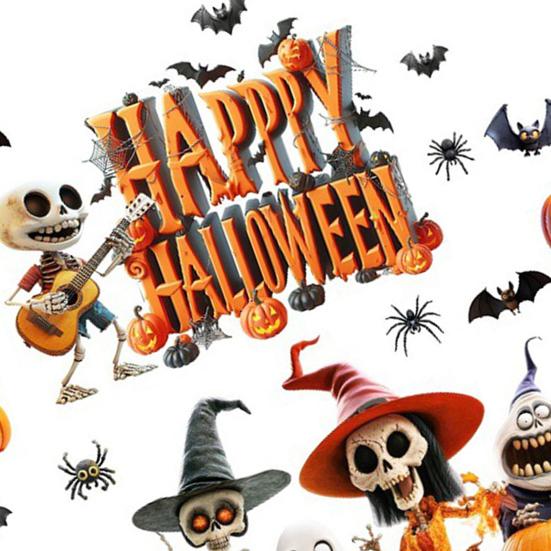Halloween Window Cling Waterproof PVC Guitar Skeleton Ghost Pumpkin Spider Bat Static Glass Sticker Holiday Party Decoration Decal