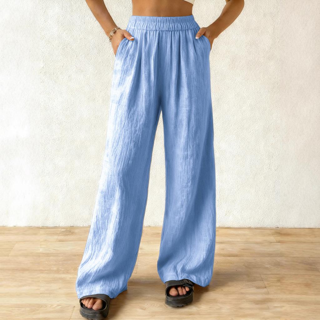 Women's Fashionable Color Loose Casual Pocket Elastic Waist Wide Leg Casual Pants