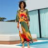 EDOLYNSA Boho Printed Plus Size Kaftan 2024 Kobiety Dekolt w Serek Rękaw Nietoperz Luźny Szlafrok Letnie Wakacje Plaża Maxi Sukienka Strój Kąpielowy Cover Up