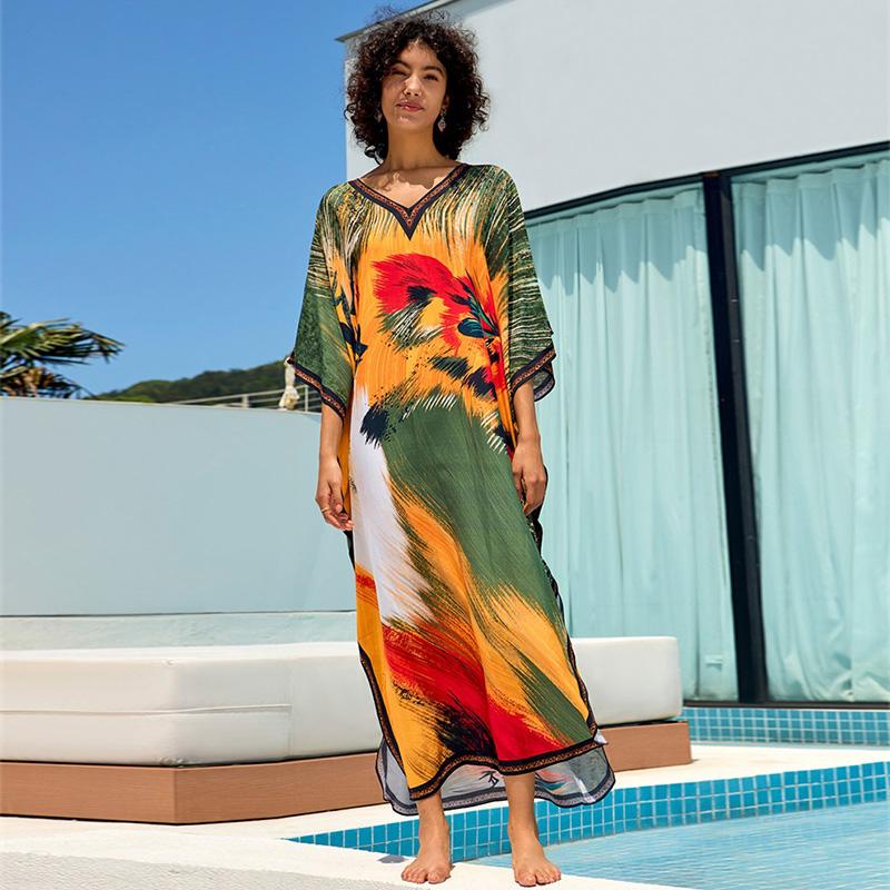 EDOLYNSA Boho Printed Plus Size Kaftan 2024 Kobiety Dekolt w Serek Rękaw Nietoperz Luźny Szlafrok Letnie Wakacje Plaża Maxi Sukienka Strój Kąpielowy Cover Up