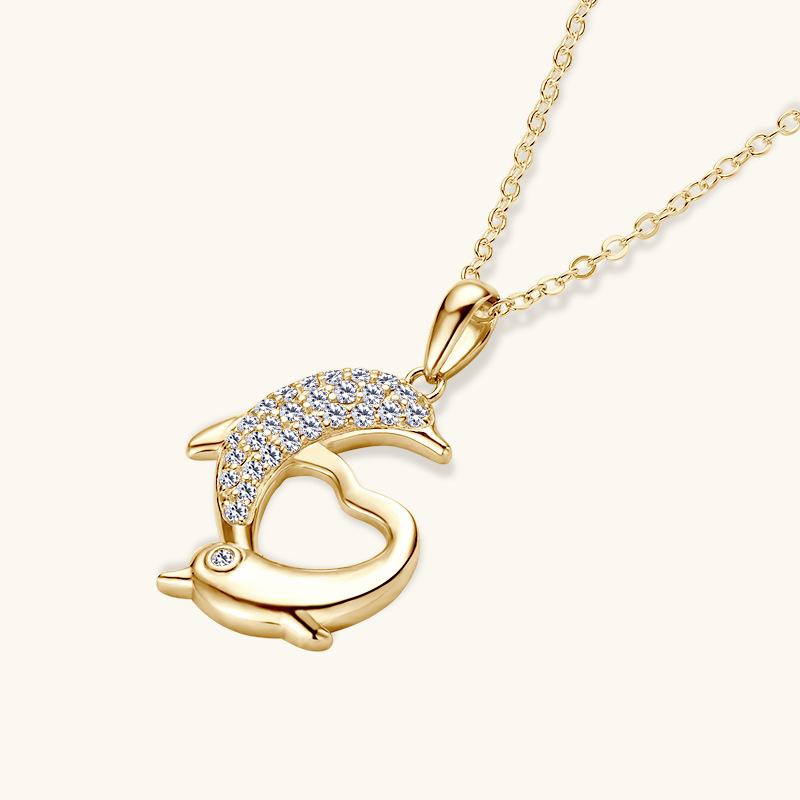 Silvere Glam Border Fashion 10k Genuine Gold Moissanite Dolphin Pendant, Niche Style Collarbone Chain, High-end Design Necklace