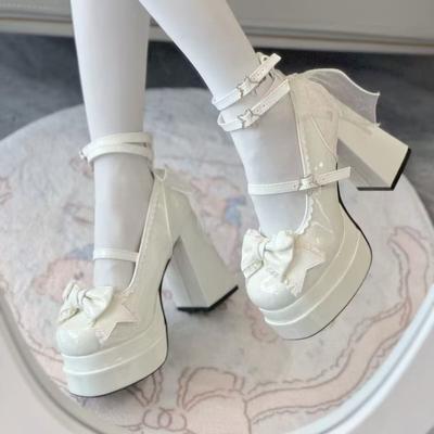 Fashion Women's High Heels Square Heel Lolita Bow One-line Buckle Double Waterproof Table High Heels Dress New Sweet Zapatillas De Mujer