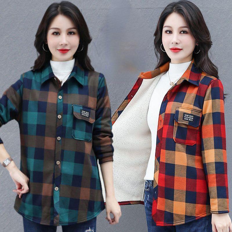 Women's Autumn Velvet Long Sleeved Warm Shirt, Middle-aged Mother's Plus Size Casual Plaid Jacket