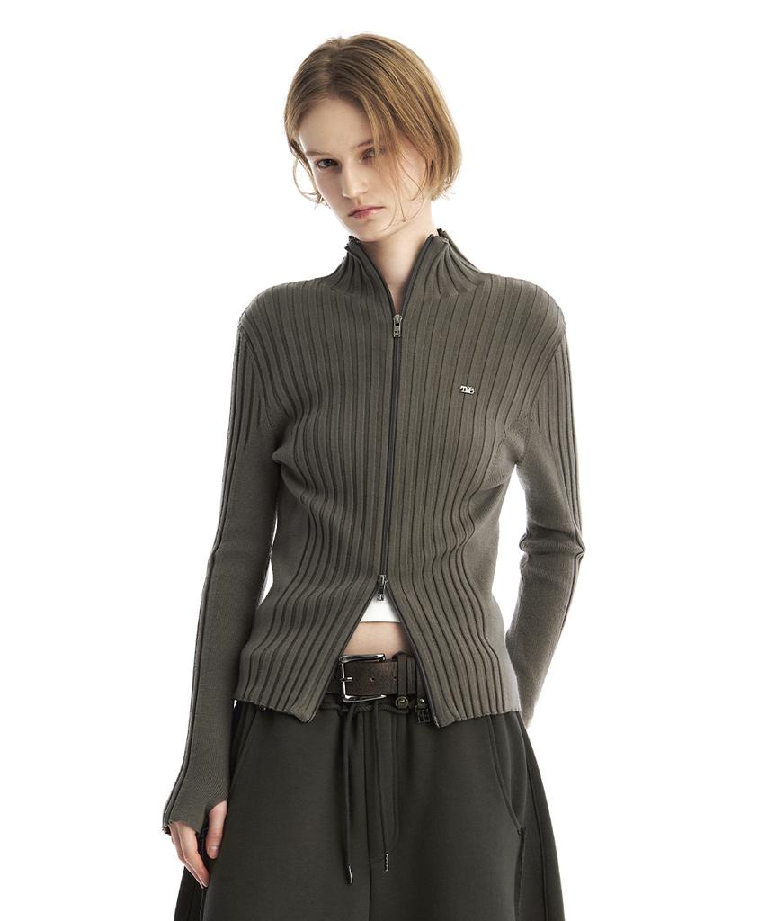Teulimingbeodeu Tmb High-Neck Knit Zip-Up Cardigan [ Khaki Gray ]