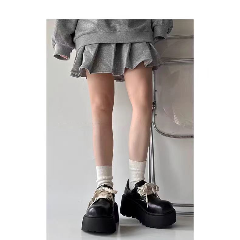 Lace-up big head muffin heightening small leather shoes 2025 autumn and winter new British retro black platform jk loafers women