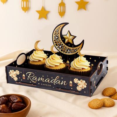 1 szt. Drewniana taca Gwiazda Księżyc Ramadan Przekąski Napoje Drewniane Pudełko do Przechowywania Pojemnik na Ciasto Deser Organizer do Serwowania Świątecznego i Domowego