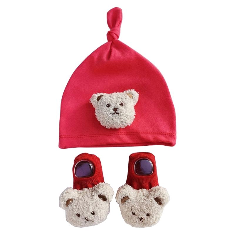 Winddichte Mütze und Bodensocken-Set für Säuglinge Niedliche Bär-Baby-Beanie-Mütze, Neugeborenen-Knotenmützen, Cartoon-Kleinkindermütze