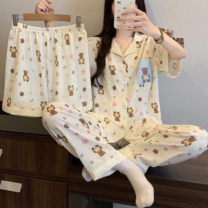 Leopard Print Love Heart Short Sleeve Pajama Set: Women's Summer Cloud Cotton Three-Piece Loungewear