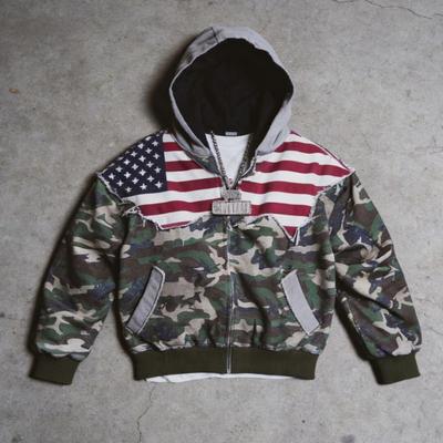 Felpa Oversize con Cappuccio e Zip con Stampa Bandiera Patchwork Camouflage Streetwear