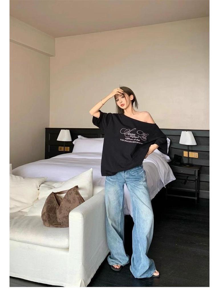 Women's Retro American Letter Print Off-Shoulder T-Shirt – Short Sleeves, Casual Loose Fit, Summer Style