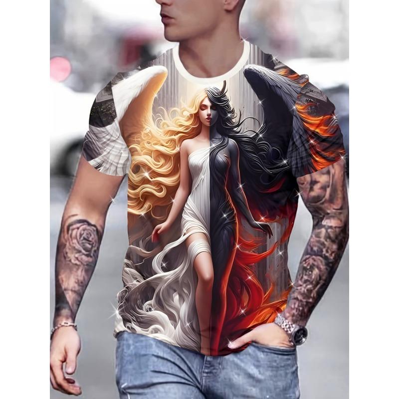 Aleisure Men's Novelty 3D Angel With Devil Print Casual T-Shirt - Polyester, Random Print
