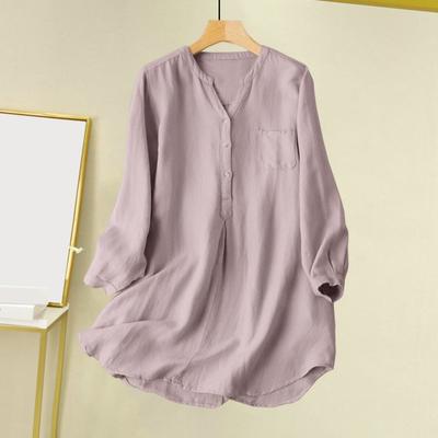 Women Shirt V-neck Buttons Half Placket Long Sleeve Loose Fit Casual Style Shirt
