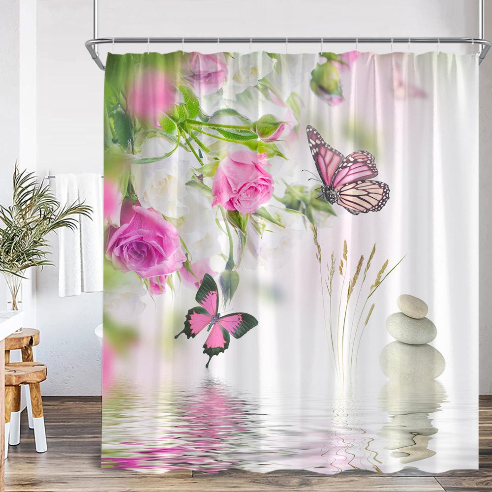 Colorful Butterflies Floral Shower Curtain Flowers Plants Blooming Blossom Bathroom Decorations Polyester Bath Curtain With Hook