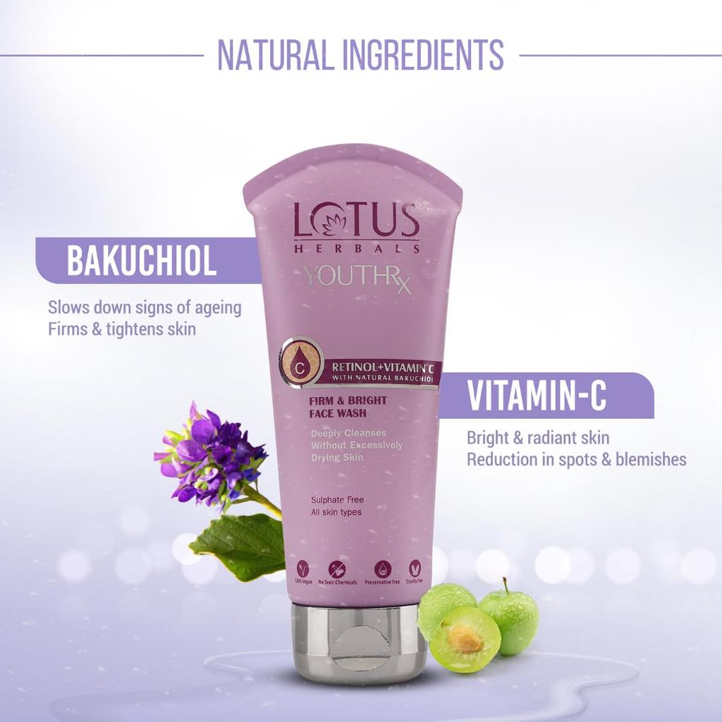 Lotus Herbals YouthRx Firm & Bright Face Wash with Bakuchiol Retinol & Vitamin C for Anti Ageing & Brightening 100ml