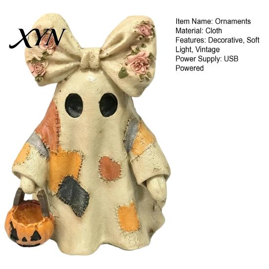 Farmhouse Style Fall Accents Lighted Vintage Patchwork Ghost, LED Light Ghost with Pumpkin Lantern Halloween Decor, Up Ghosts Lamp, Rustic Figurine
