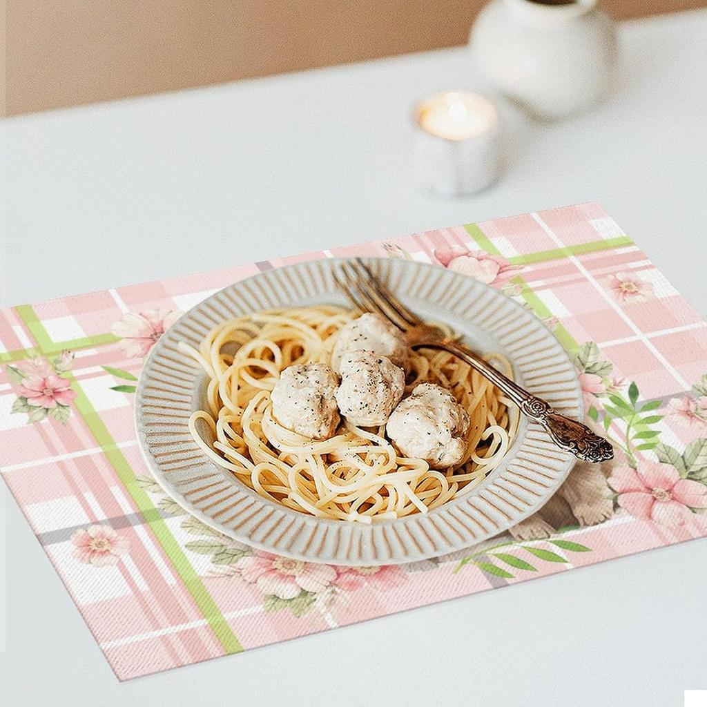 4/6pcs Bunny Floral Plaid Print Single-Sided Easter Placemat Set for Spring Table Decor