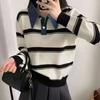 Age-reducing contrasting stripes long-sleeved Polo collar women's 1011 new autumn and winter lazy style Korean versatile sweater
