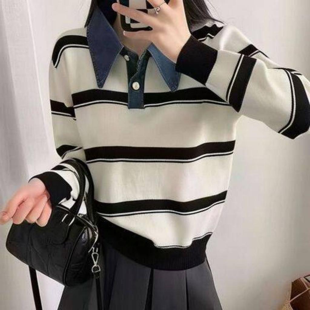 Age-reducing contrasting stripes long-sleeved Polo collar women's 1011 new autumn and winter lazy style Korean versatile sweater