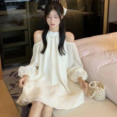 Petite First Love Off-Shoulder Babydoll Dress - Apricot Halter Neck for Spring & Autumn