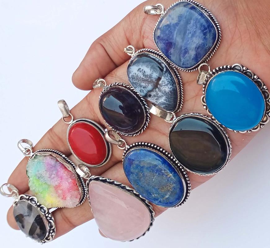 Lapis & Mix Gemstone 925 Sterling Silver Plated Handmade 5 PCs Fancy Pendants Jewelry SEN-224