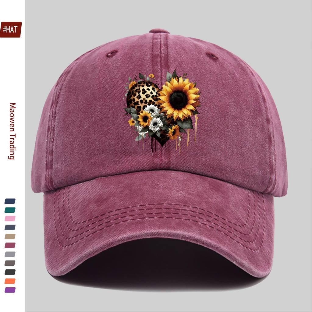 Pc Leopard Print Heart and Sunflower Pattern Baseball Cap Casual Style Sun Hat Comfortable and Lightweight with Adjustable St
