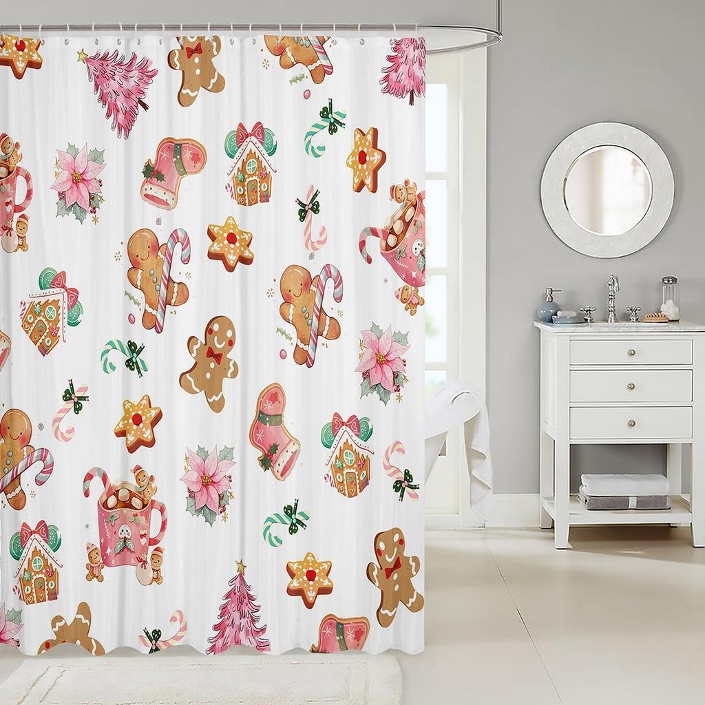 Cute Gingerbread House Christmas Shower Curtain, Waterproof Bathtub Decor for Merry Holiday Bathroom Styling with Festive Theme