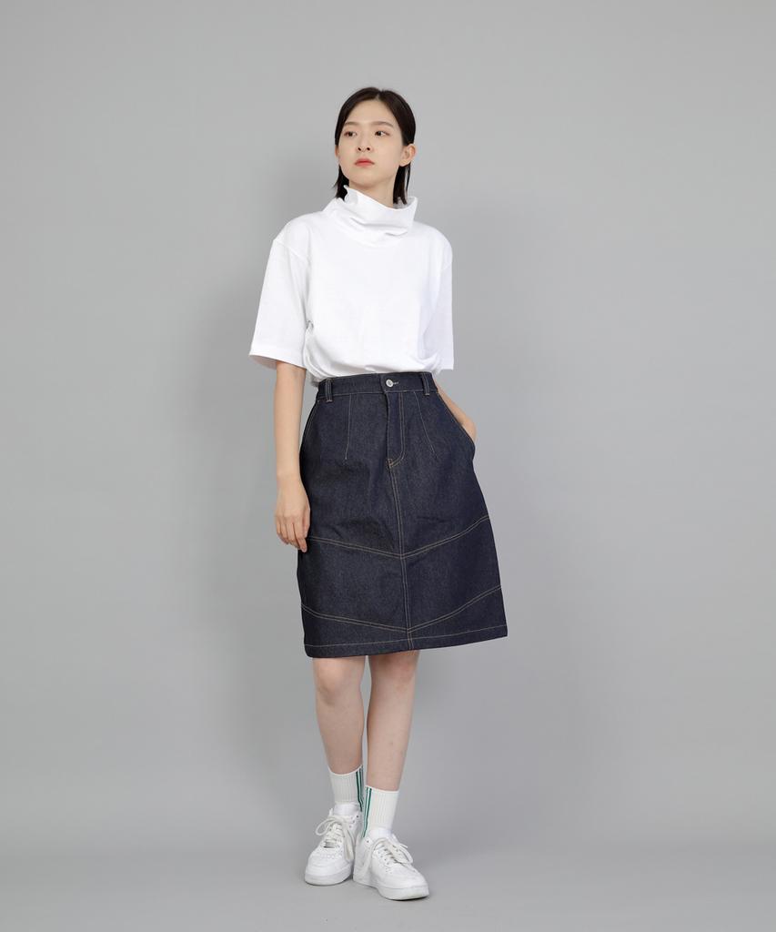 Seinteukeulu Wide Dome Half-Band Midi Skirt Wdm-1305 Indigo Denim Brs