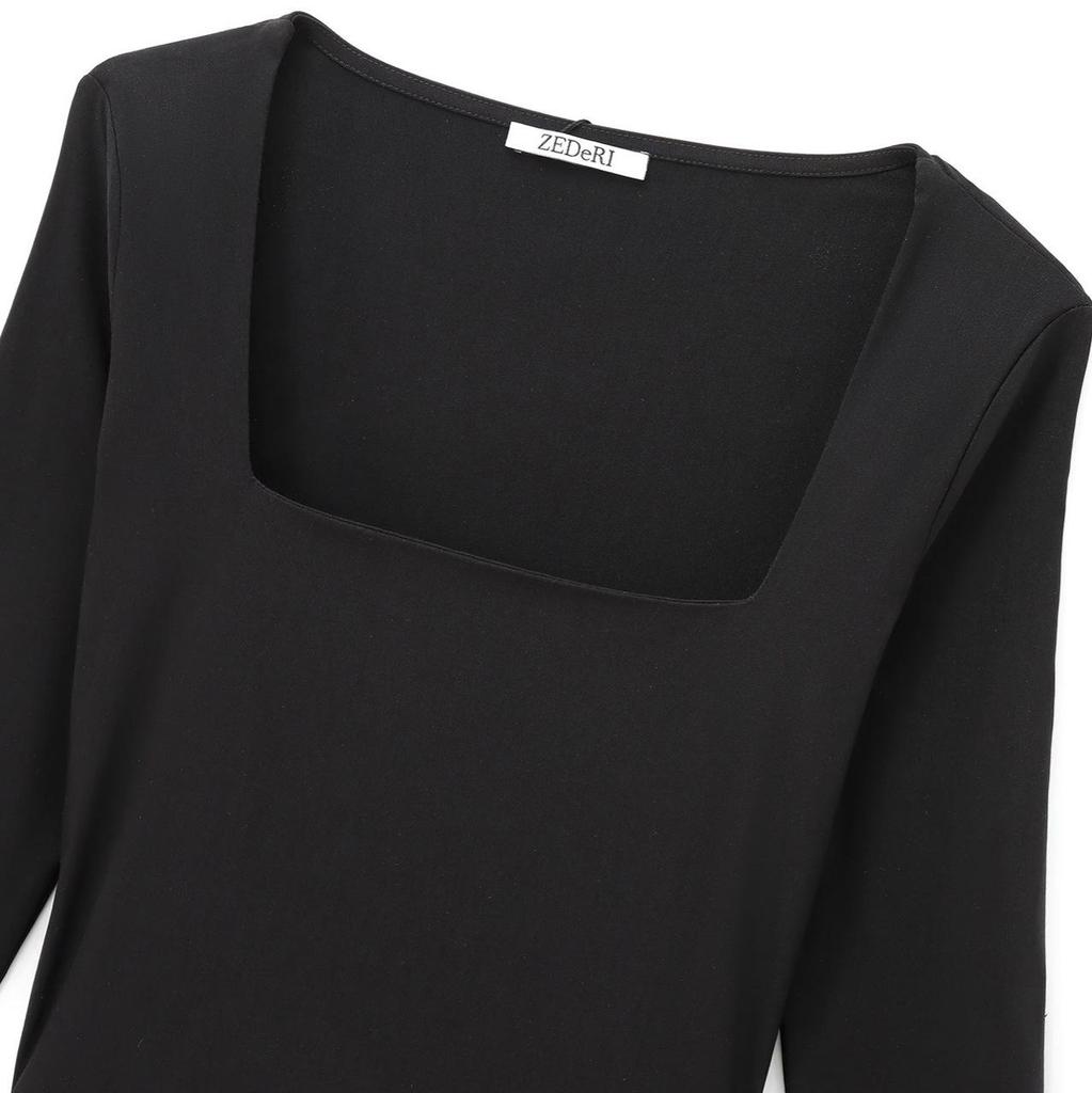 2024 Women's European & American Style Black Balloon Silhouette Square Neck Long Sleeve Short Dress