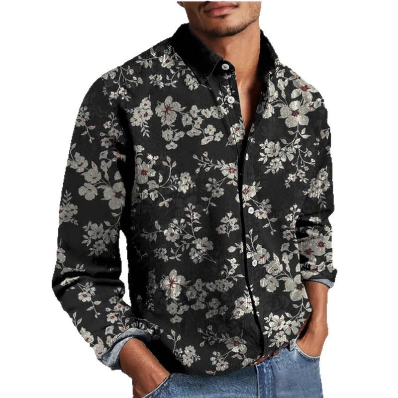 Męska koszula casual z długim rękawem, w stylu vintage, z nadrukiem, rozmiar S