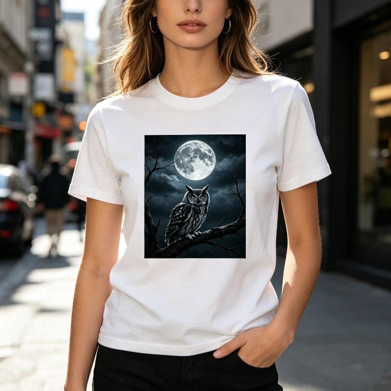 Trendy Night Owl Moon Print Tshirt Unisex Summer Short Sleeve Top Unisex Graphic with Night Owl and Full Moon Design Casual Tee