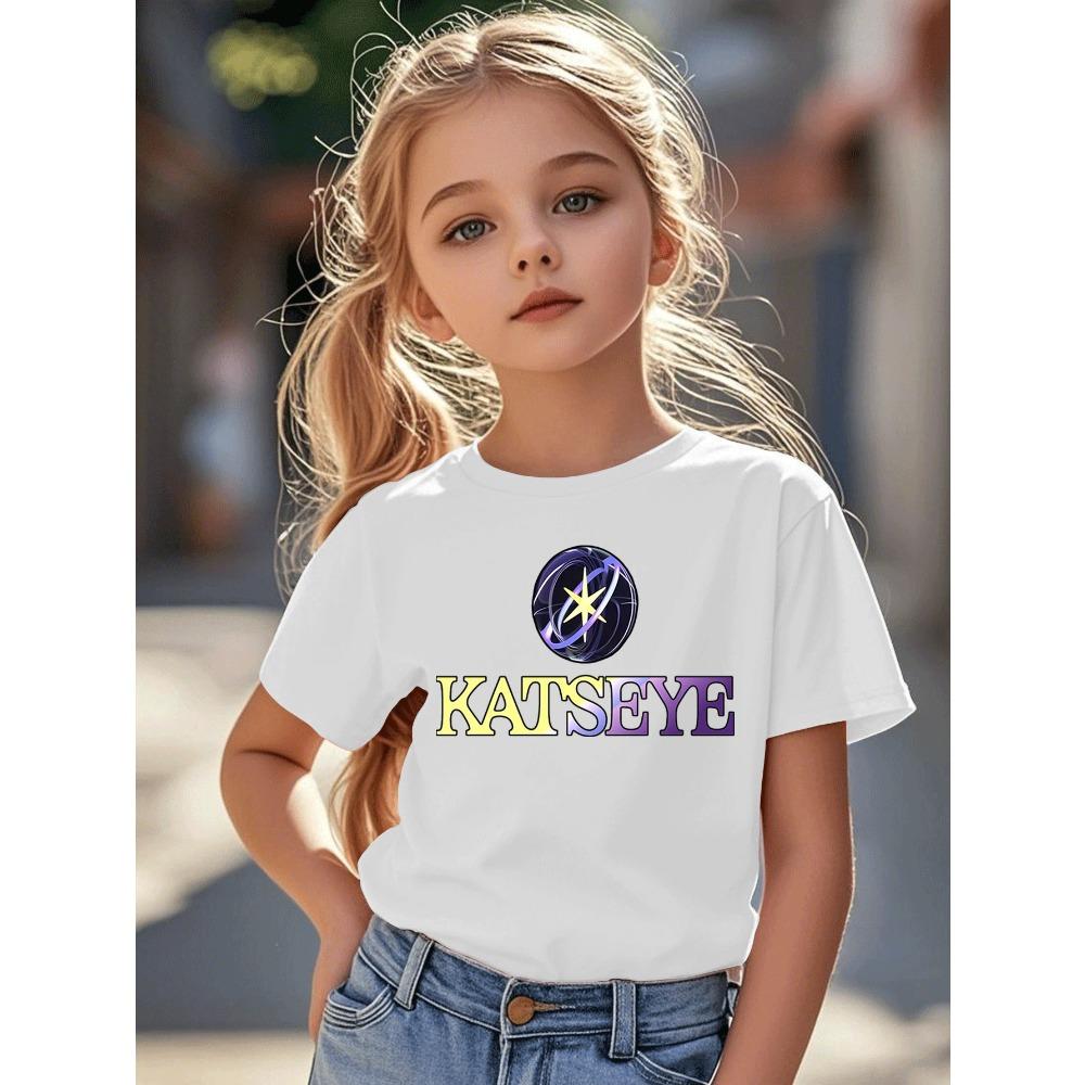 

Футболка с принтом логотипа KATSEYE Повседневный летний топ с узором «Кошачий глаз» Короткий рукав Подходит для детей и вечеринок 110