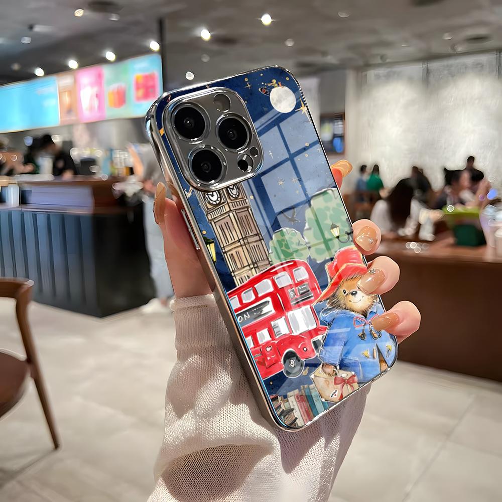 Paddington Bear Phone Case For IPhone 17 Pro Max 15 Pro 16 14 Plus 12 13 Mini 11 Pro Shockproof Electroplated Glass Cover