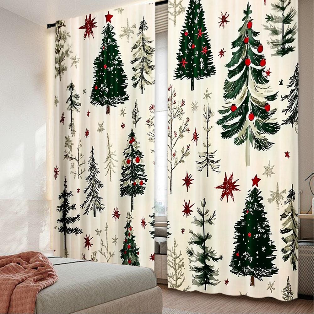 

2D flat printing 2pcs High-Quality Christmas Curtains Cartoon Christmas tree Digital Printed Polyester Drapes Non fading Festive 100*130 Rod Pocket 1pcs