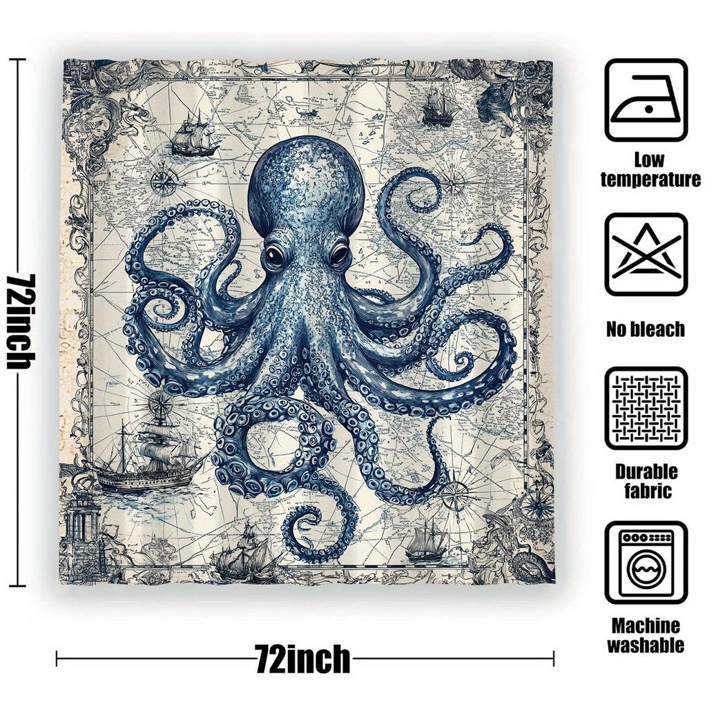 Octopus Pattern Shower Curtain, Waterproof & Machine Washable, for Home, Hotel, Bathroom Decor, One-Piece Design