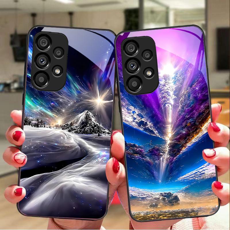 Kolorowa Aurora Dla Samsunga Galaxy S 8 9 10 20 Plus 21 FE 22 23 24 Ultra S7 Edge Czarne Szkło Hartowane Etui na Telefon Twarda Skorupa