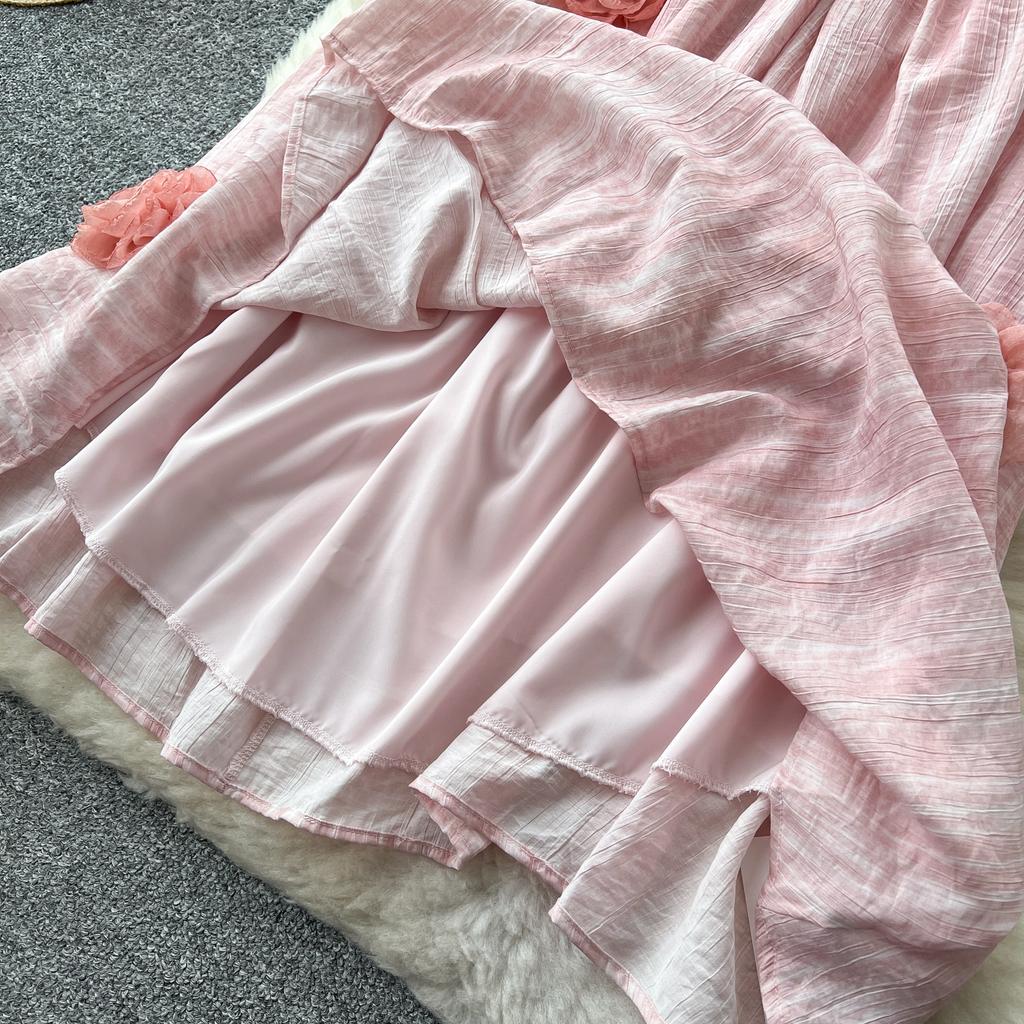 Rochie de vară Fairycore Beachwear Femei Gât în ​​V 3D Floare Chic Vacanță A Line Rochie lungă cu bretele spaghete fără spate