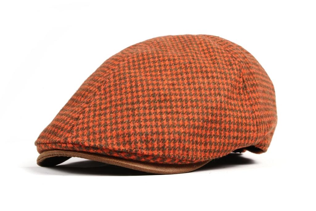 With Moons SL3019 Houndstooth Newsboy Tweed Fabric Hunting Cap with Faux Flat Cap (Orange) Hat, Leather,