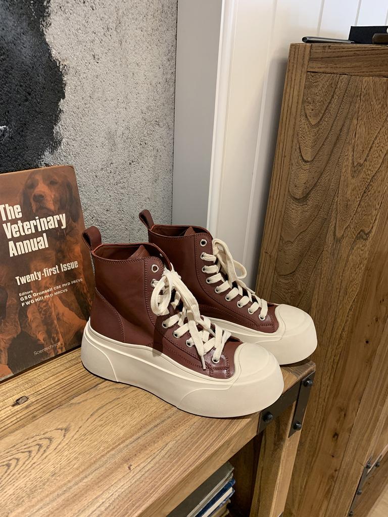 Cowhide Version~ Same Leather Round Head Platform Martin Boots Women's Short Boots High-top Casual Little White Shoes Women's Board Shoes