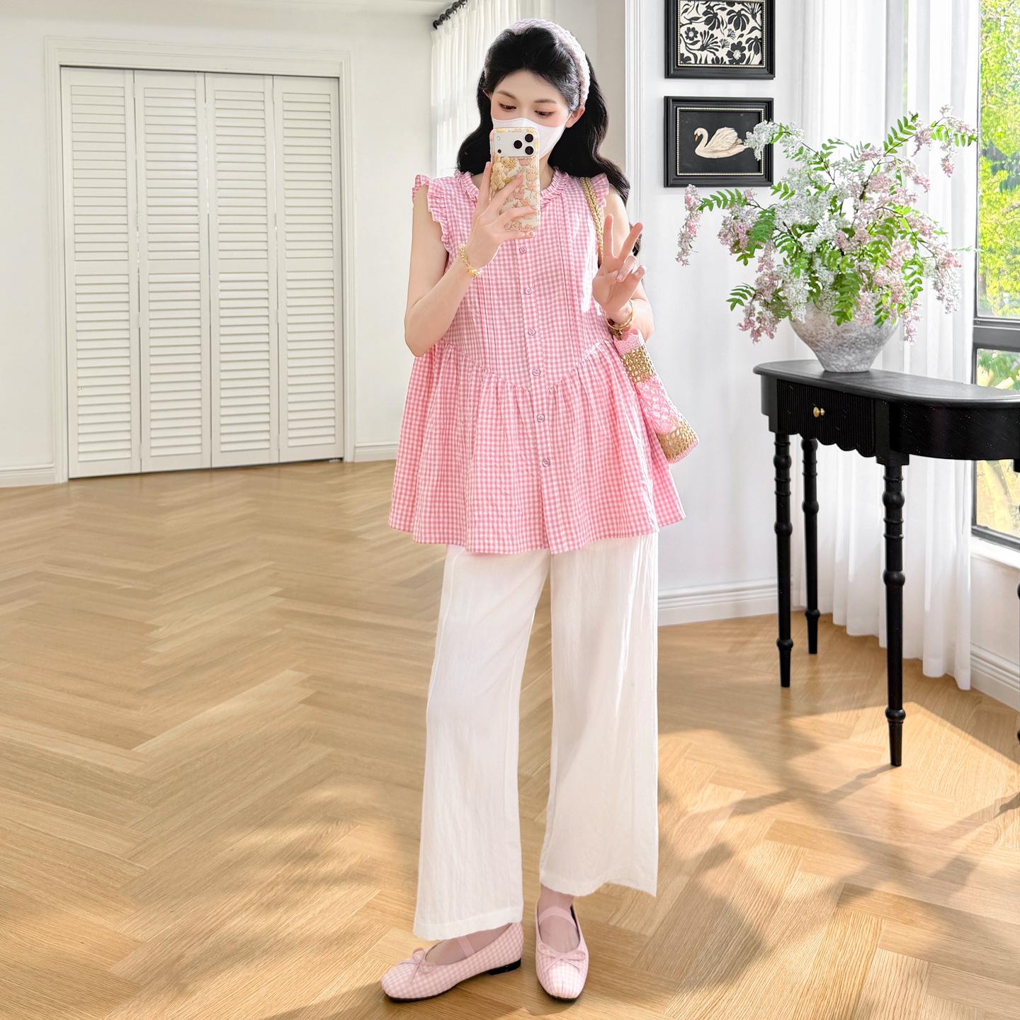 2026 Summer Maternity Fashion: Plaid Flutter Sleeve Top & Pants Set M