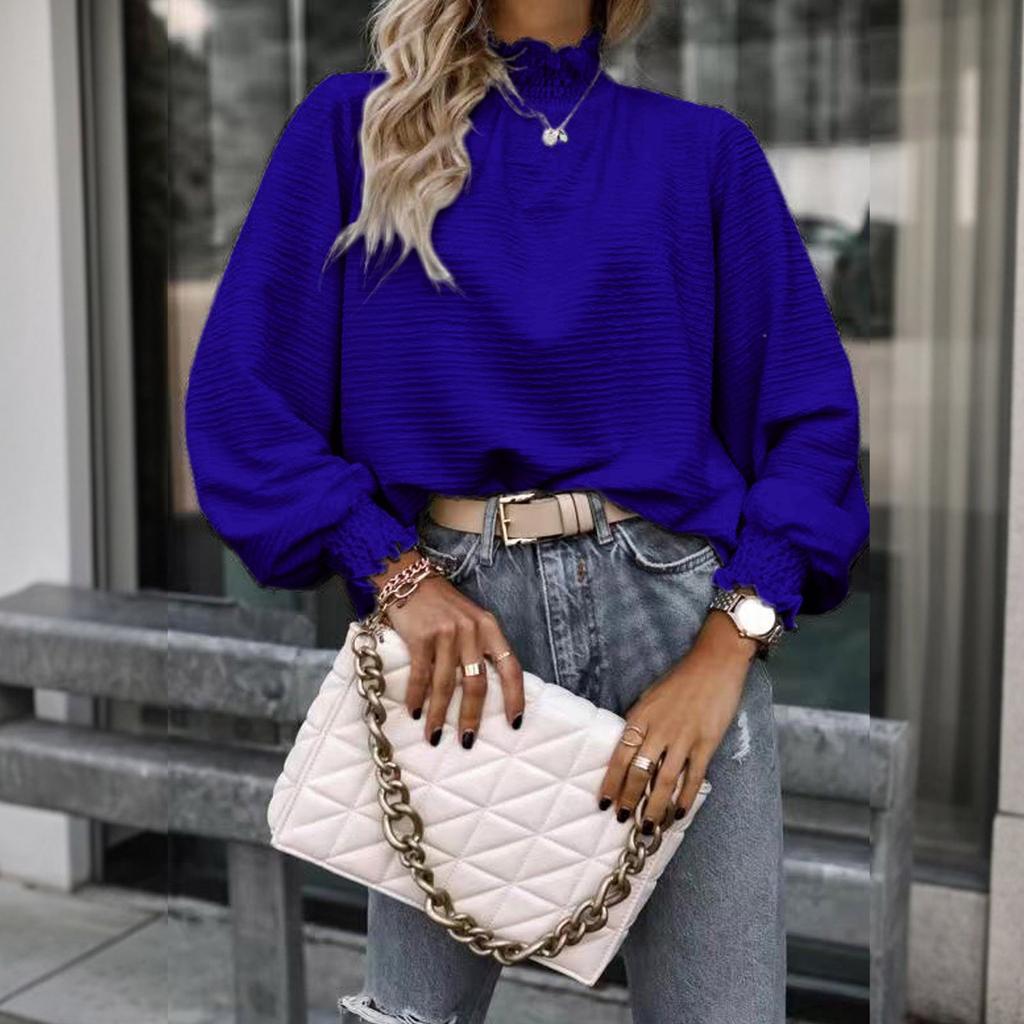 Womens Casual Long Sleeve Round Neck Chambray Blouse Top