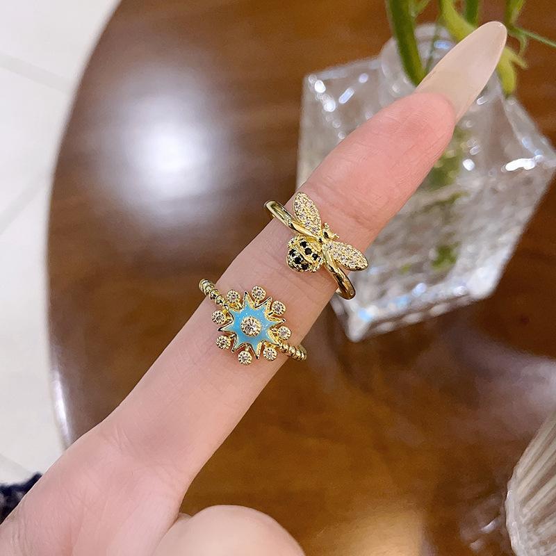 Niche Design Feeling Plated 14K High-End Sense Light Luxury Open Ring Zircon French Bee Fashion Ring Women