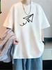 Unisexs White Oversized Cotton Tee Minimal One Line Paper Plane Drawing Graphic Crew Neck Short Sleeve Simple Daily Male Casual Top