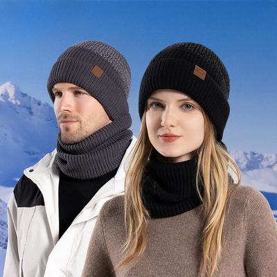 Winter Outdoors Cold Hat Scarf Set Fleece-lined Warm Knitted Hat Cycling Earflaps Woolen Cap