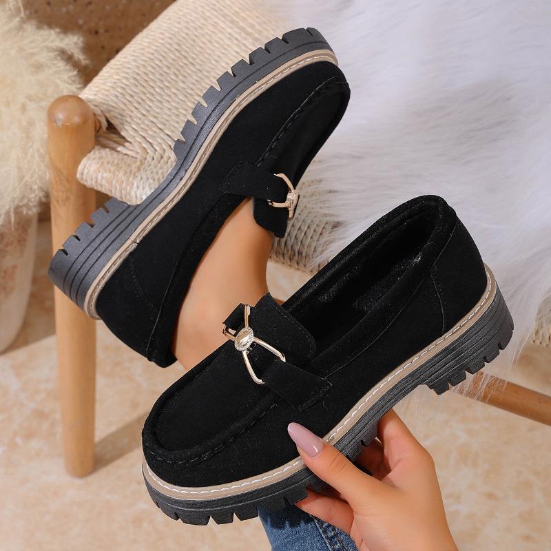 New Large-sized Single Shoes for Women, Metal Flat Thick-soled Casual Loafers