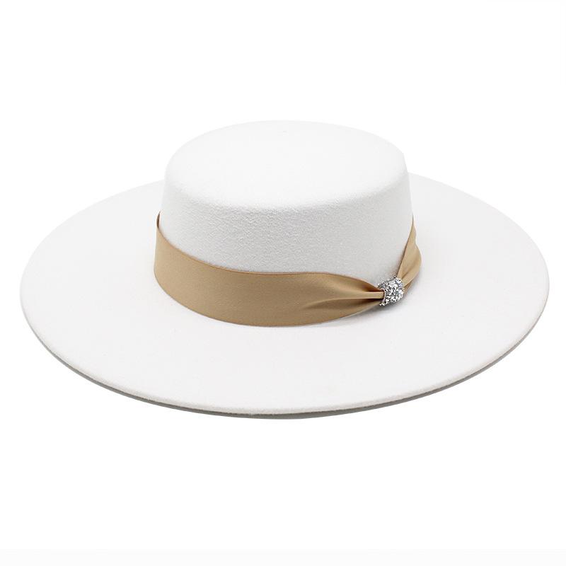 Flat Top Top Hat Female British Versatile Retro Beige Woolen Black White Felt Hat 10Cm