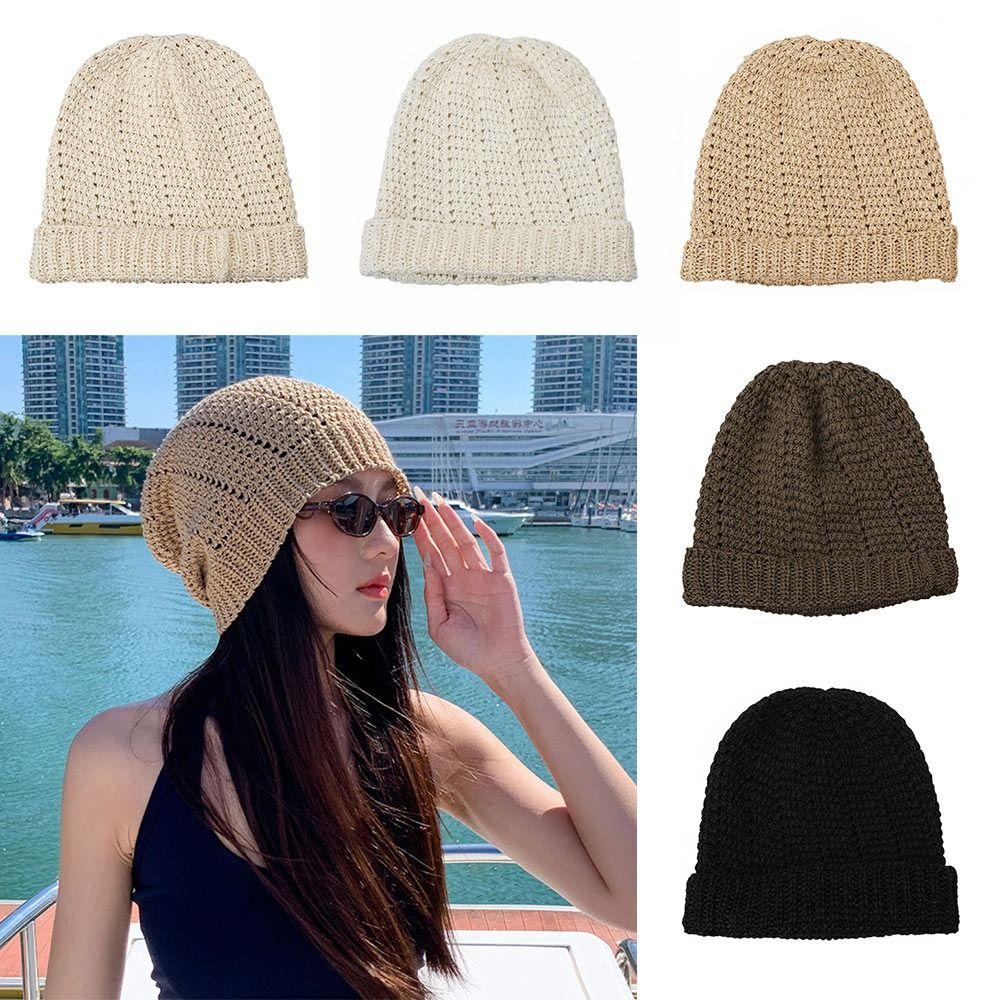 Fashionable Hollow Beanie Multicolor Breathable Knitting Cap Soft Comfortable Foldable Stacked Hat Spring Summer