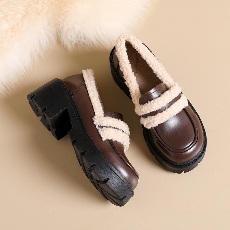 

бархатные туфли на толстой подошве для женской осени и зимы, новая пушистая обувь, хлопковые туфли на толстом каблуке, теплые туфли-оксфорды из маленькой кожи 42 коричневый