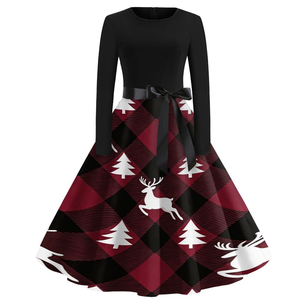 Women's Casual Vintage V-Neck Christmas Print Dress for Festive Occasions